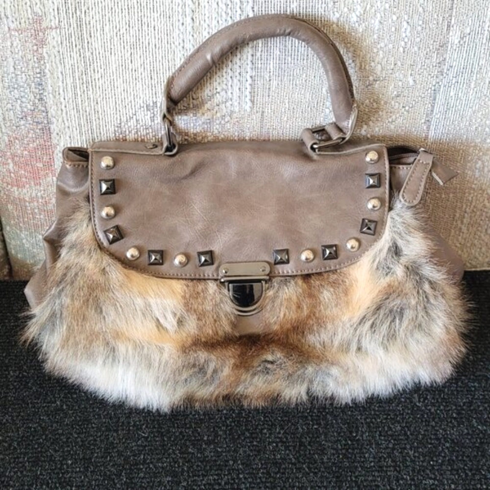 MATERIAL GIRL Brown & Cream Faux Fur Embellished Handbag Purse